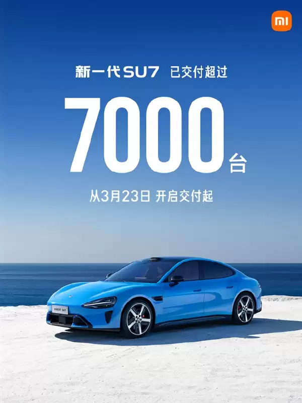 小米汽车：3月交付量超过20000台 新SU7开卖后累计交付已超7000台
