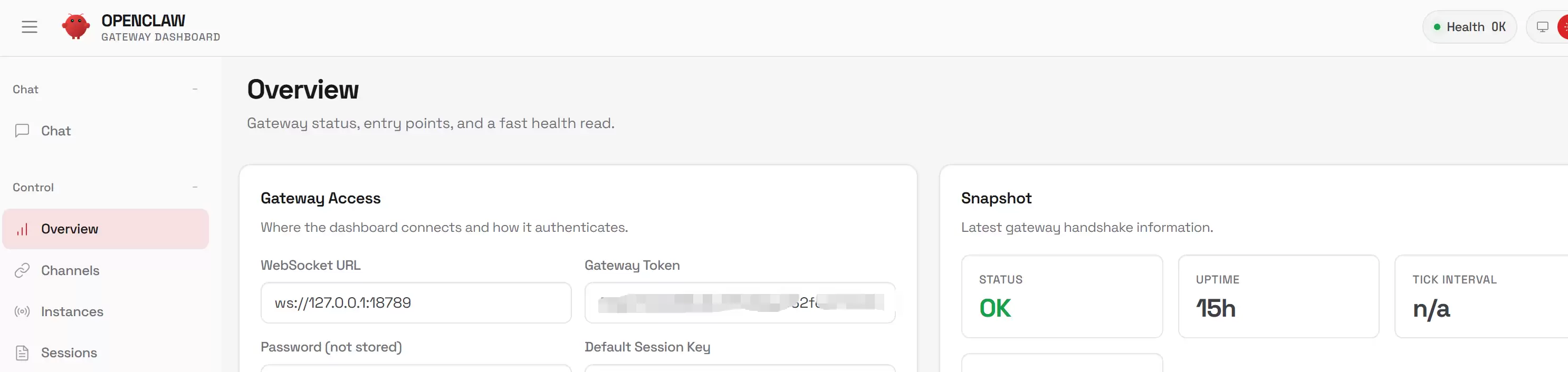 OpenClaw网页管理界面截图,显示状态已更新为成功连接