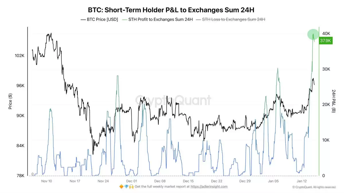 比特币短期持有者盈利流向交易所数据图