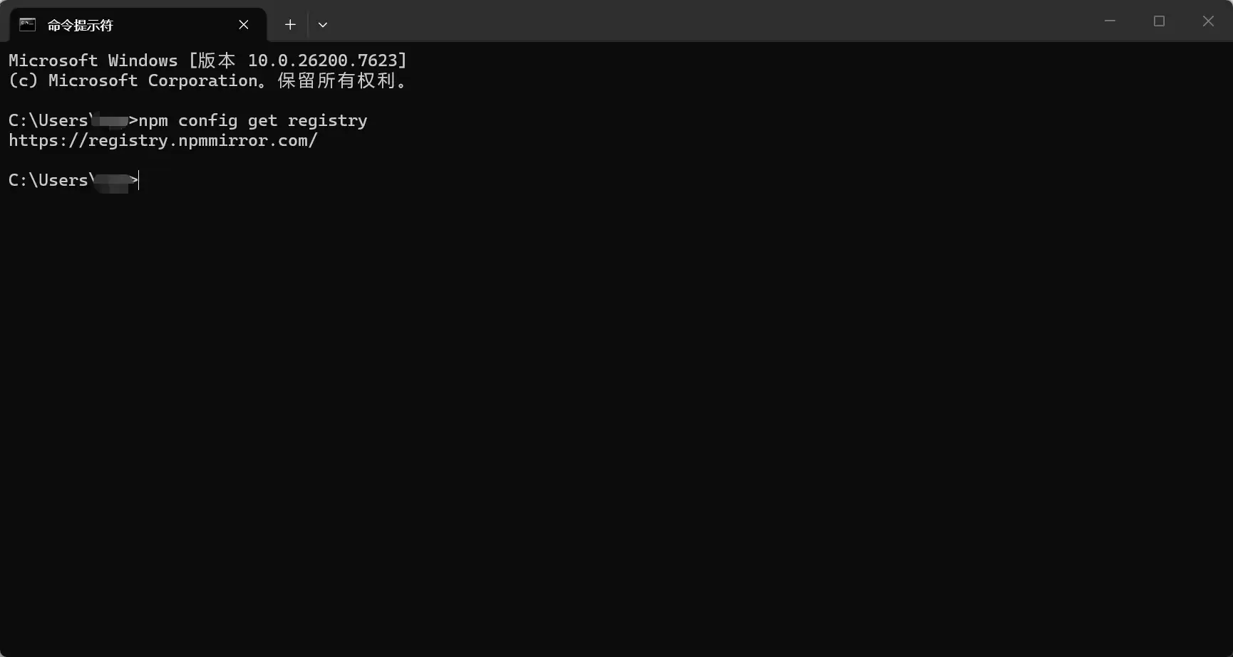 检查npm当前源地址的命令行输出示例