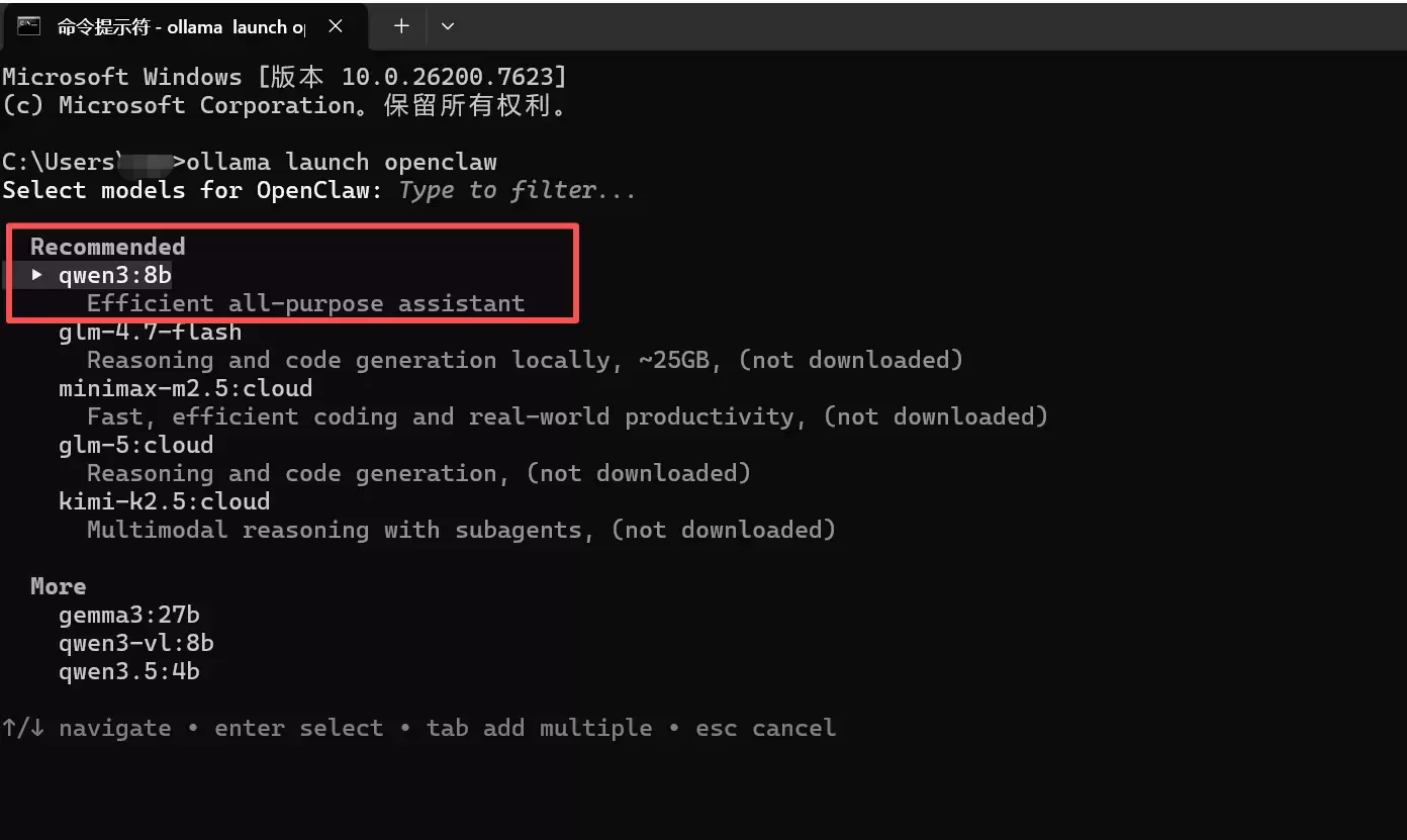 Ollama启动过程中选择模型的提示界面