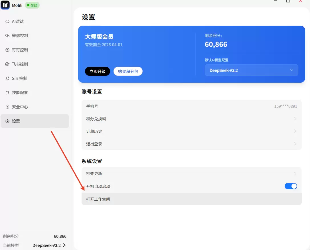 Molili设置中打开工作空间