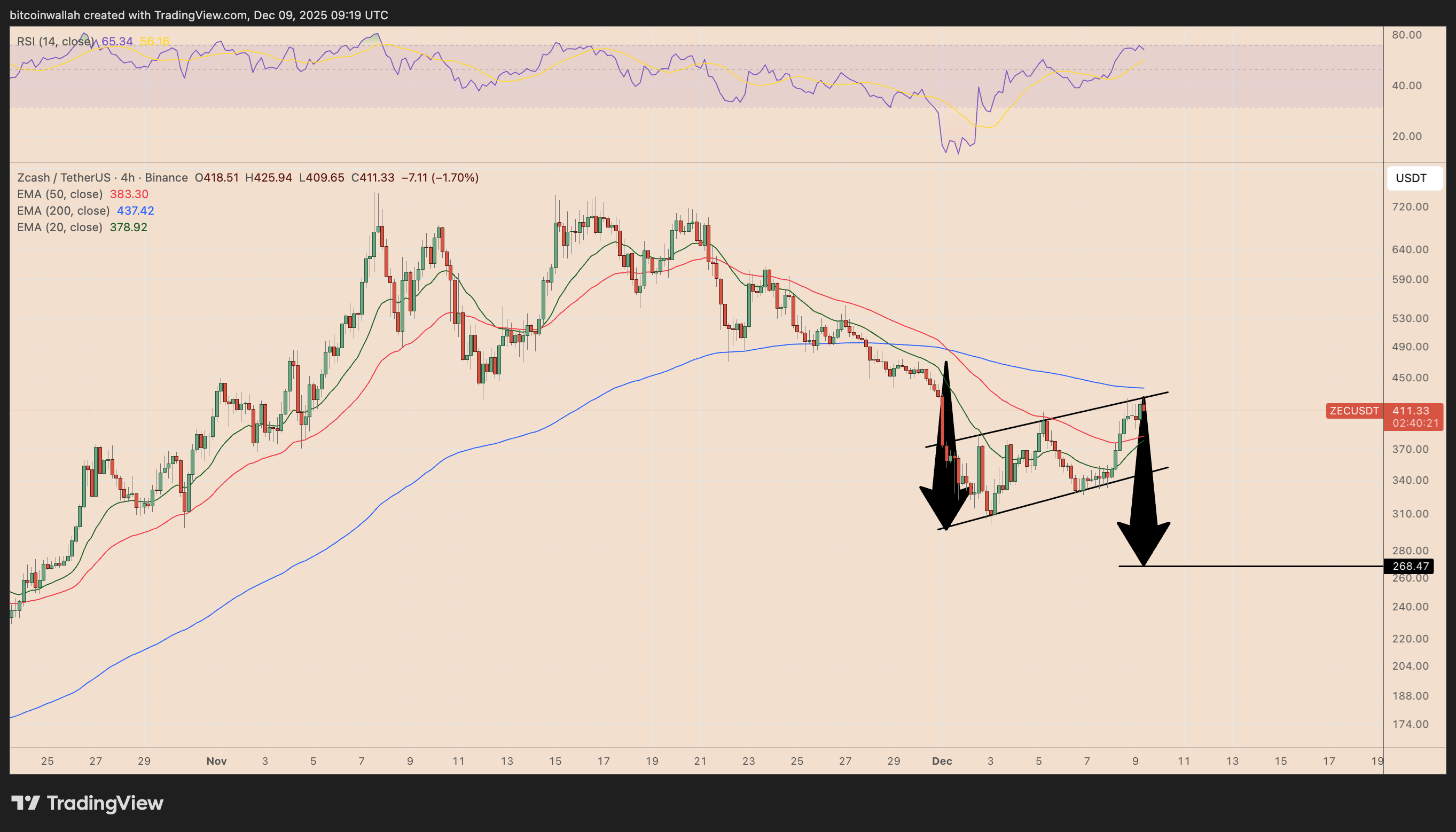 Zcash (ZEC) 看跌旗形结构与RSI超买警告分析图