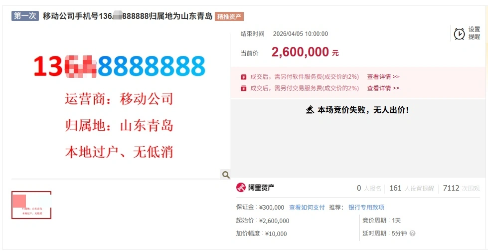 尾号 7 个 8 手机靓号流拍：起拍价 260 万元，18 元月租套餐