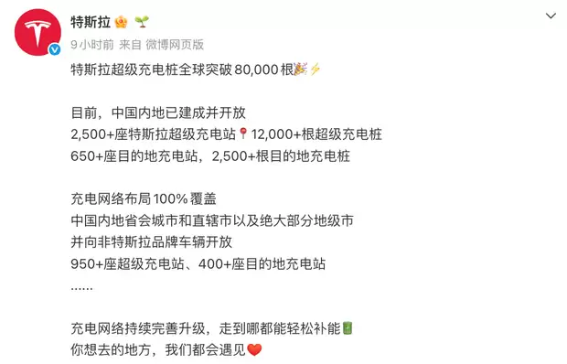特斯拉全球超充桩突破8万根，覆盖中国全境并开放超950站