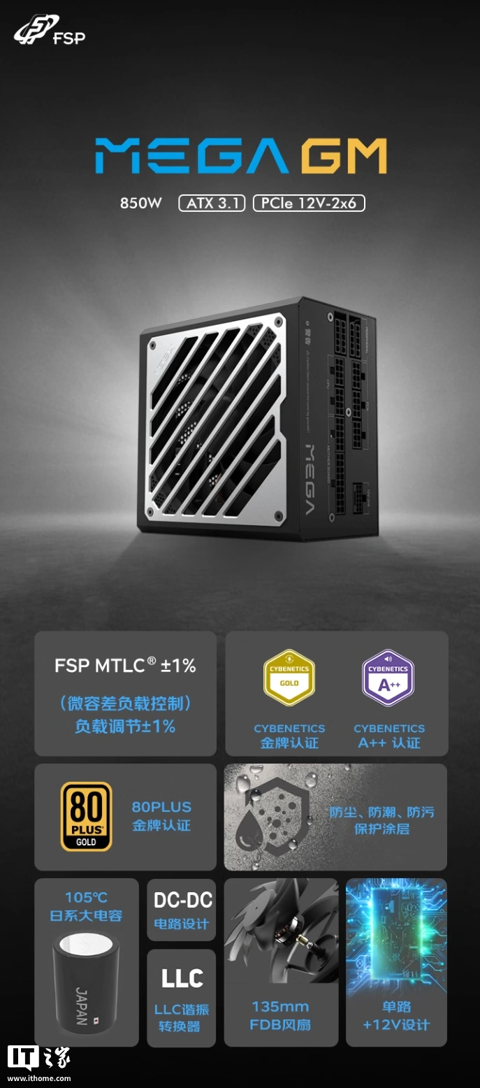 全汉 MEGA GM 850W 金牌全模组电源开启预约:可选 850/1000/1200W,首发 899 元起