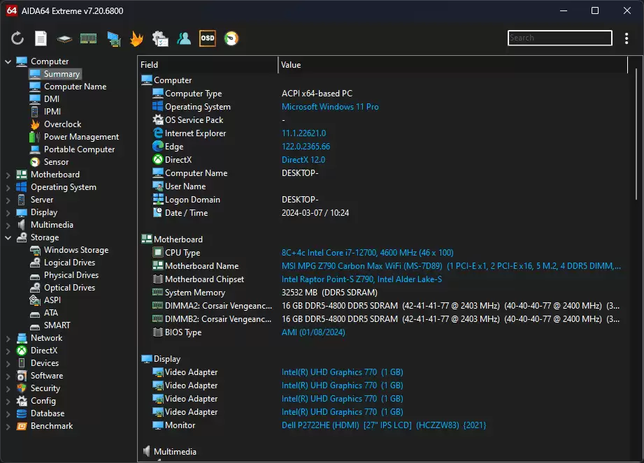AIDA64 v8.25 版发布：原生支持 NVMe、支持微星 MPG Ai1300TS / Ai1600TS 电源监控