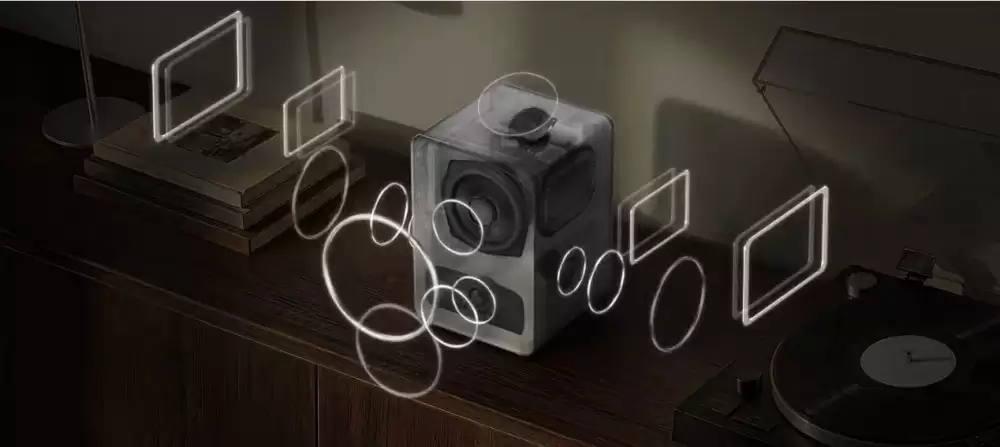 三星Music Studio画境艺术音响7系产品示意图,展示其设计及声场概念