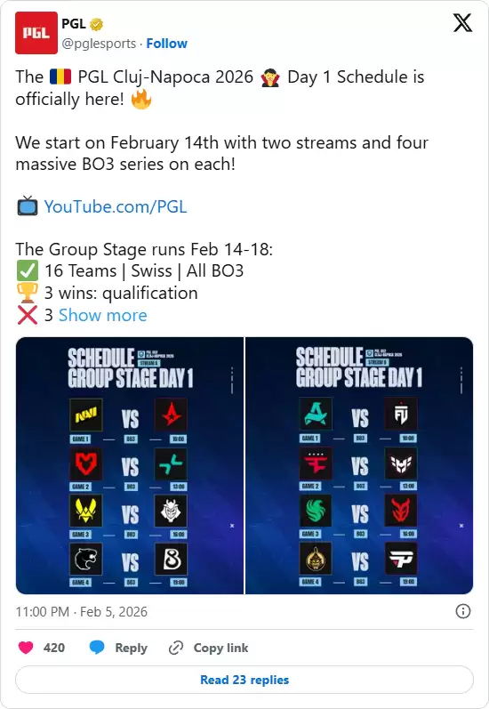 PGL克卢日-纳波卡首轮：Vitality对阵G2，MOUZ迎战PV