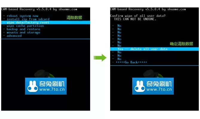 Recovery模式下选择wipe data/factory reset选项示意图