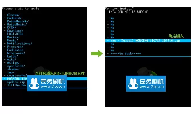 Recovery模式下选择并确认刷入update.zip文件示意图