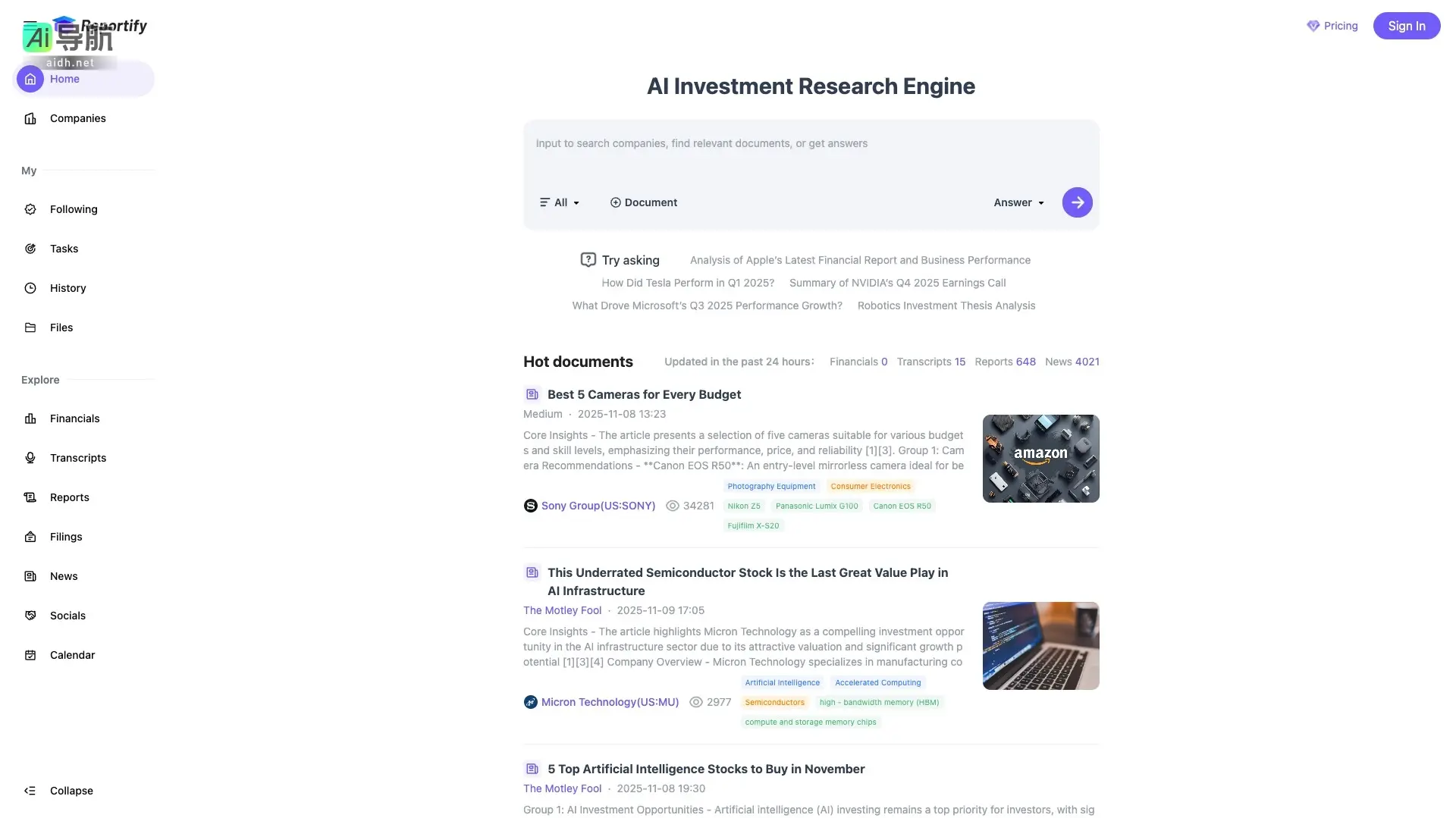 Reportify 是一个基于AI的投资研究平台，提供全面的财务报告和市场分析