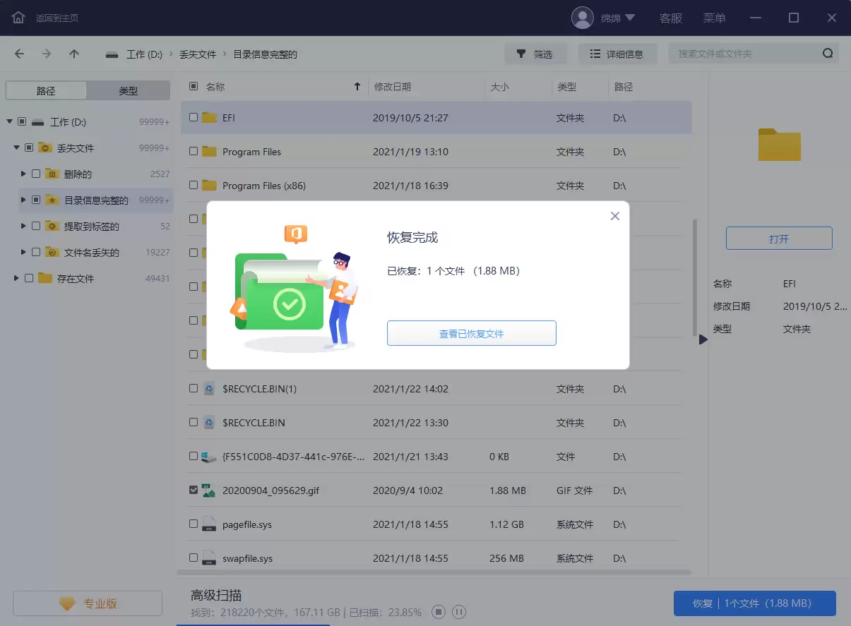 数据恢复界面示意图，展示勾选文件并执行恢复操作