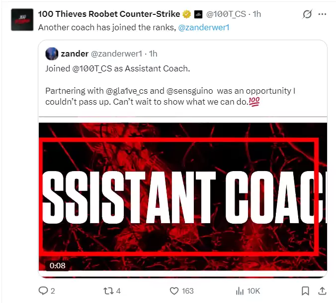 gla1ve再添强援！100 Thieves官宣前FUT助教zander加盟，剑指罗马帝国杯