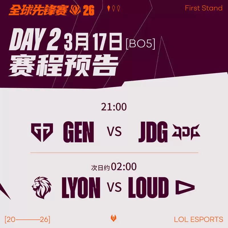2026全球先锋赛D2 3月17日 赛程预告及首发名单