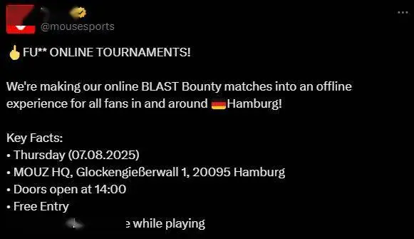 MOUZ俱乐部官方发文：总部线下免费开放BLAST赏金赛S2赛事观看 