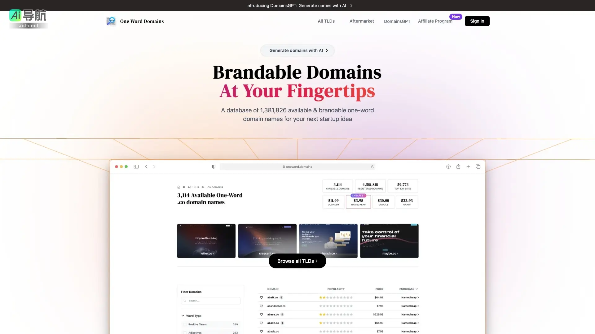 One Word Domains 提供丰富的可注册单词域名，助力创业者快速建立品牌在线形象