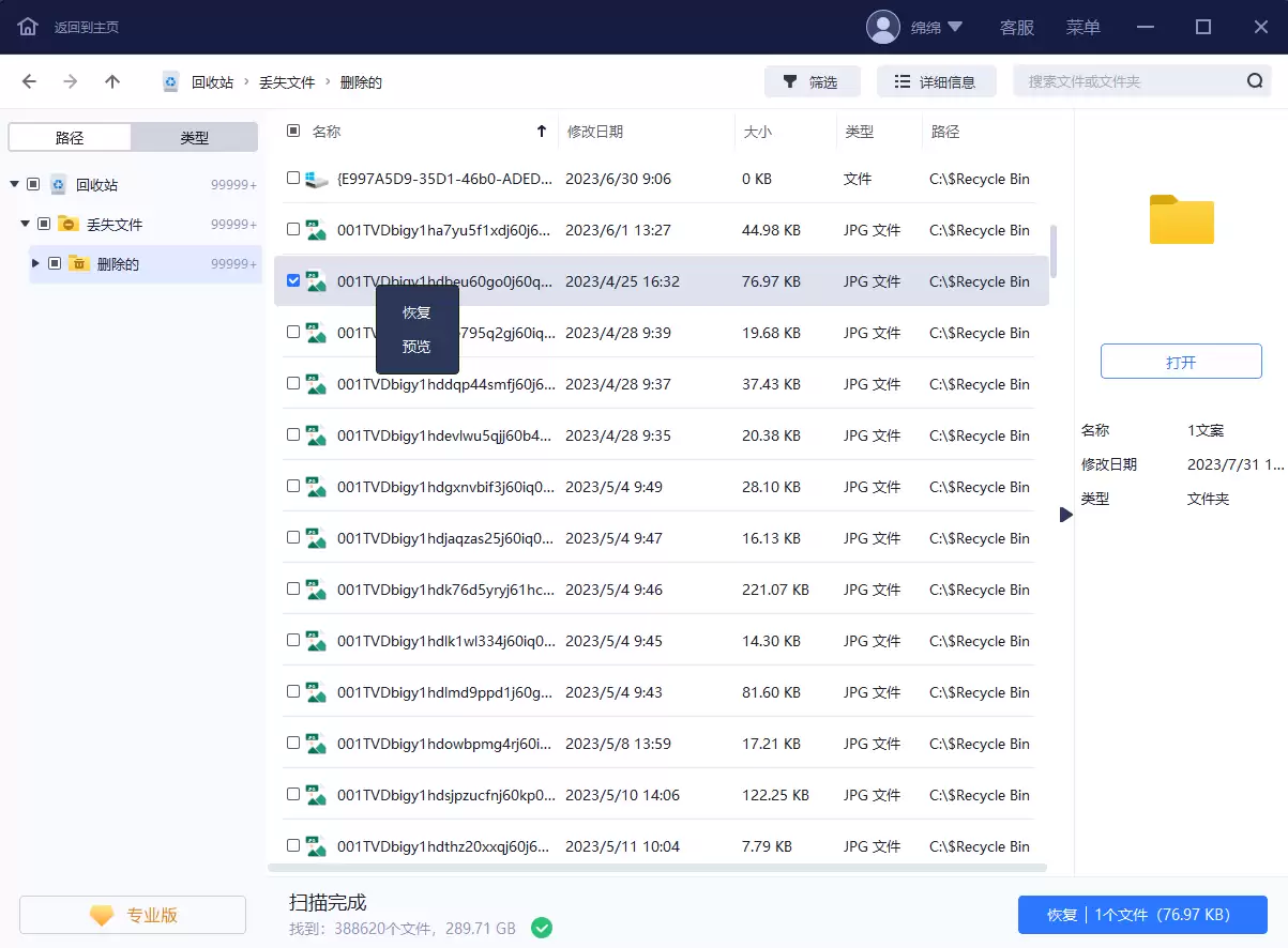 易我数据恢复软件预览扫描结果界面示意图