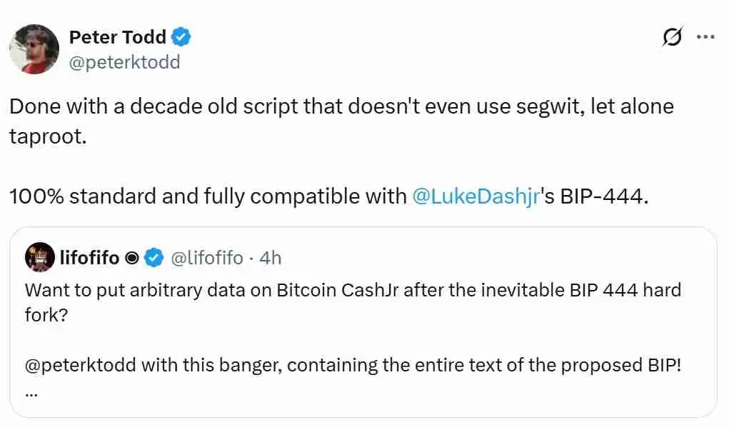 Peter Todd链上交易讽刺BIP提案