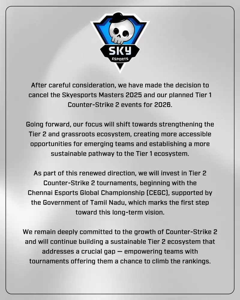 Skyesports宣布取消2025 Skyesports大师赛及2026年计划举办的所有一线赛事