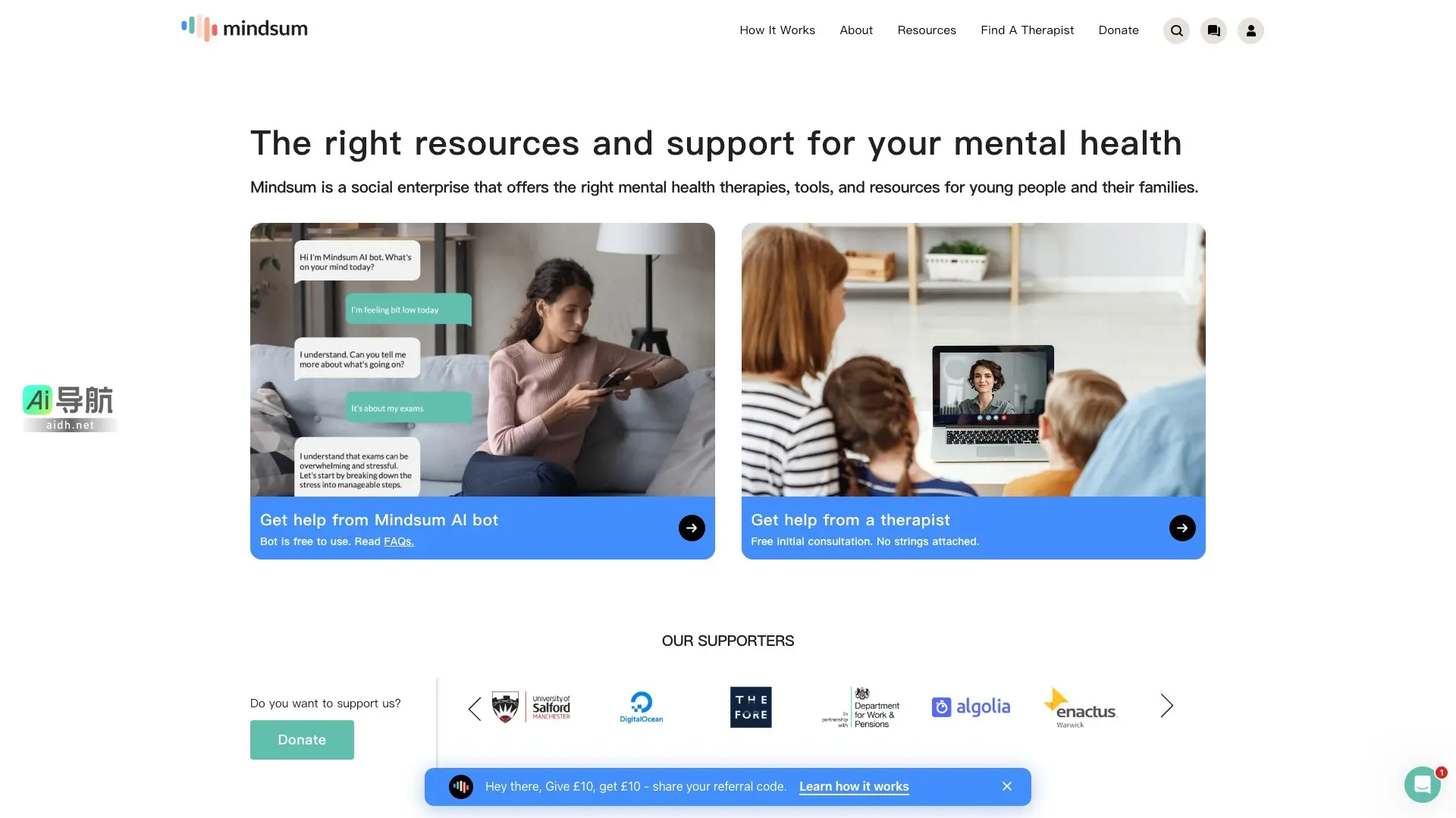 Mindsum 为年轻人及家庭提供心理健康支持与资源，帮助他们找到合适的治疗师
