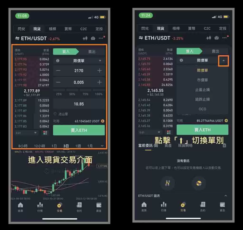 币安买入以太币现货图文教学：限价单、市价单、止盈止损单、OCO单使用教程