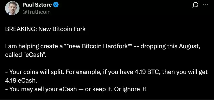 保罗·斯托克：比特币分叉eCash