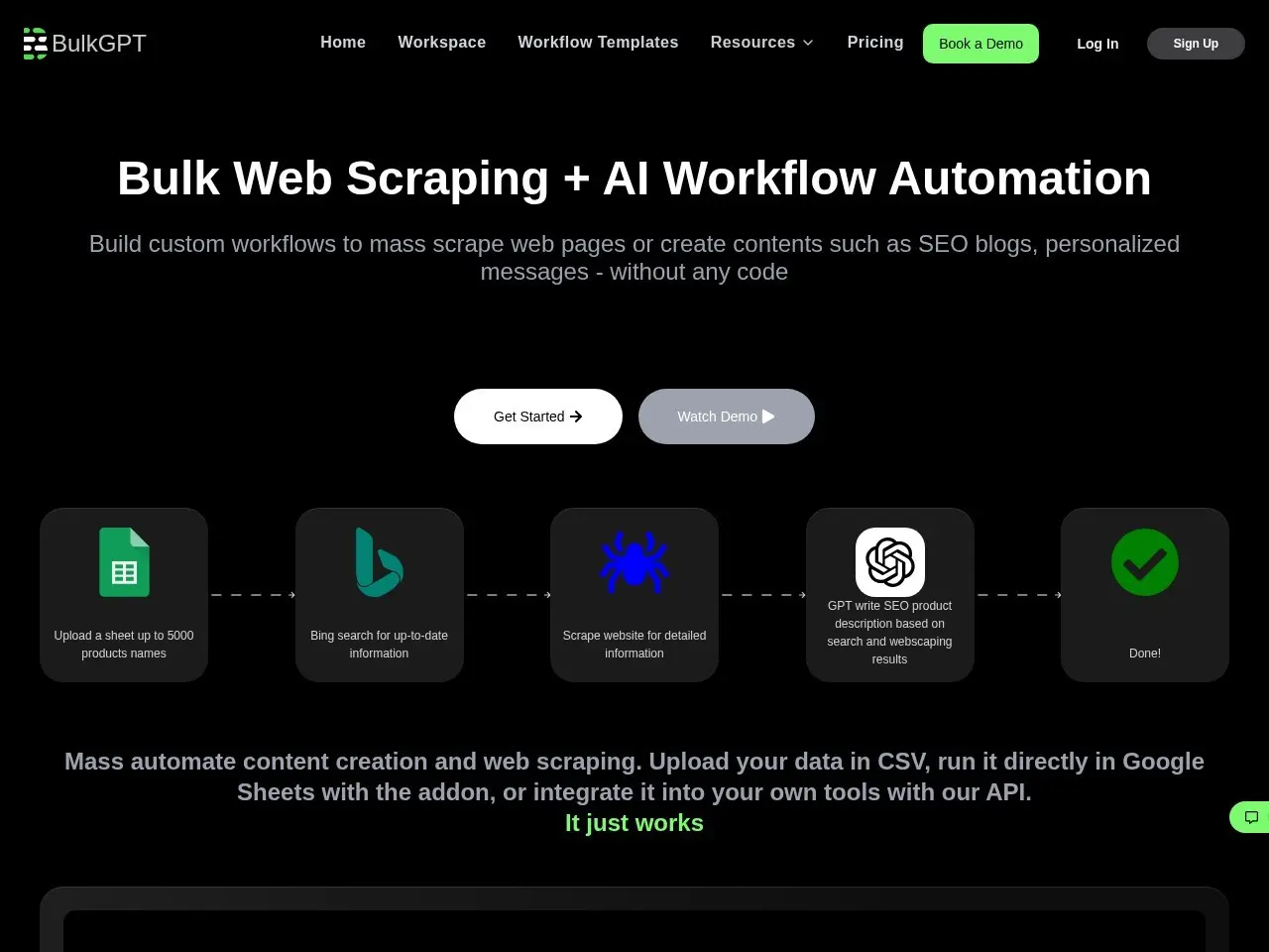 BulkGPT 提供无代码的网页抓取与AI自动化工作流，助力内容创作与营销优化