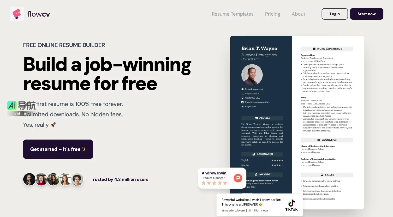 FlowCV 提供免费的在线简历生成器，帮助用户轻松创建专业简历