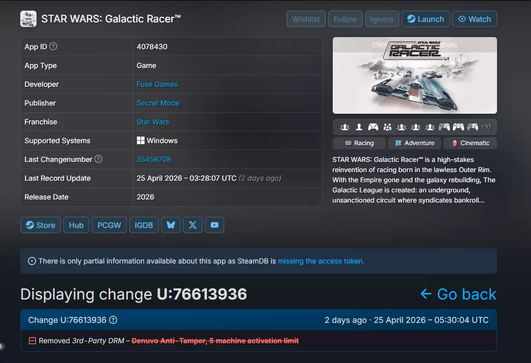 又一家放弃！《星球大战：银河赛车手》移除D加密