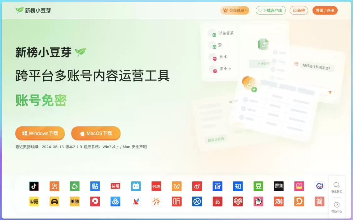 新榜小豆芽 ：跨平台多账号内容运营工具，批量/定时发布、AI混剪、私信消息提醒