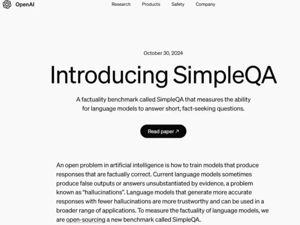OpenAI 开源 SimpleQA 新基准，专治大模型“胡言乱语”