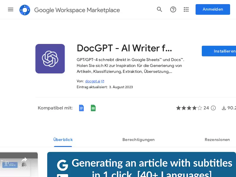 DocGPT AI Writer for Docs : Google Sheets和Docs中的AI写作助手