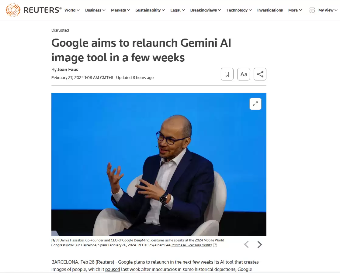 谷歌：希望未来数周内重新上线 Gemini 模型人像生成功能，正在修复问题