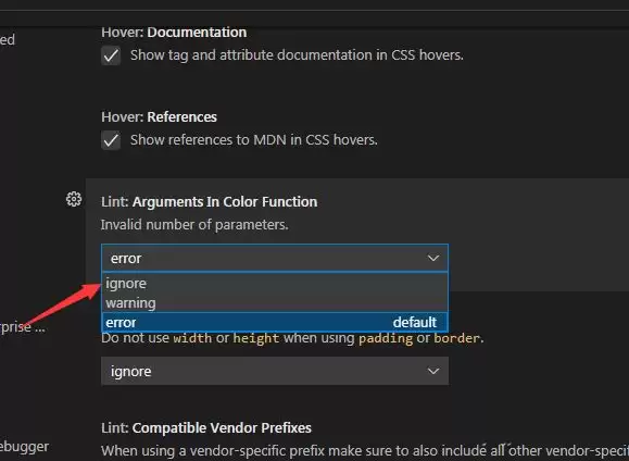 VSCode颜色函数中的lint参数同意在哪里设置