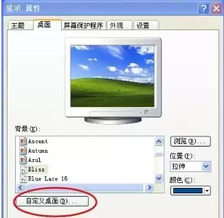 显示属性对话框，焦点在‘桌面’选项卡和‘自定义桌面’按钮上