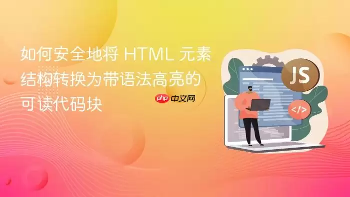 如何安全地将 HTML 元素结构转换为带语法高亮的可读代码块