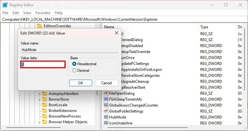 Win11 文件管理器注册表修改步骤：修改 HubMode 值为 1