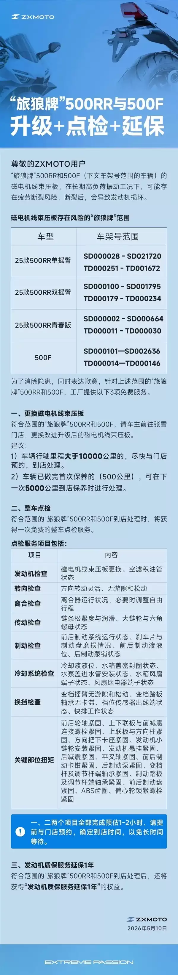 张雪机车公告两款车型风险：磁电机线束压板可能断裂 提供升级点检延保