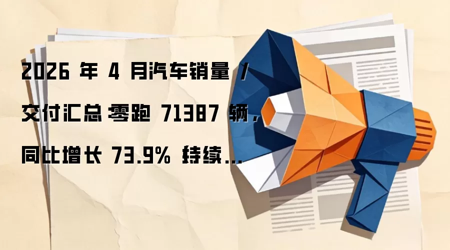 2026年4月汽车销量/交付汇总:零跑71387辆,同比增长73.9%(持续更新)