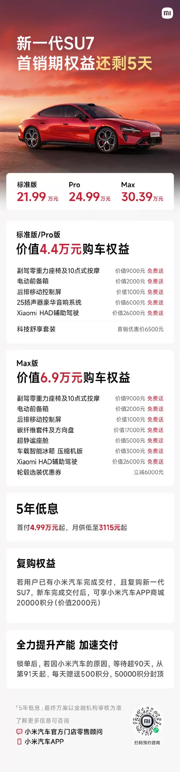 价值6.9万元免费送 新一代小米SU7首销期权益仅剩最后4天