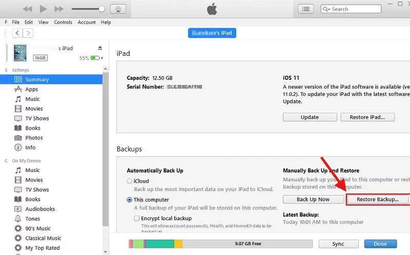 通过iTunes恢复iPad示意图