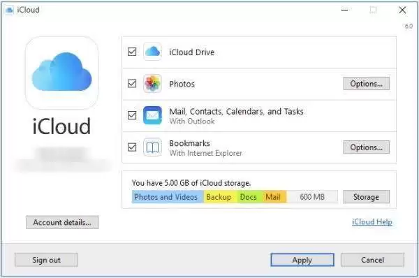 iCloud for Windows 设置界面