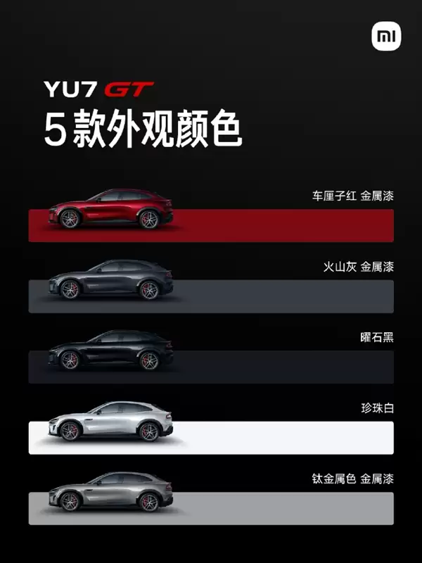 千匹性能怪兽!小米YU7 GT五款配色曝光:你会选哪款