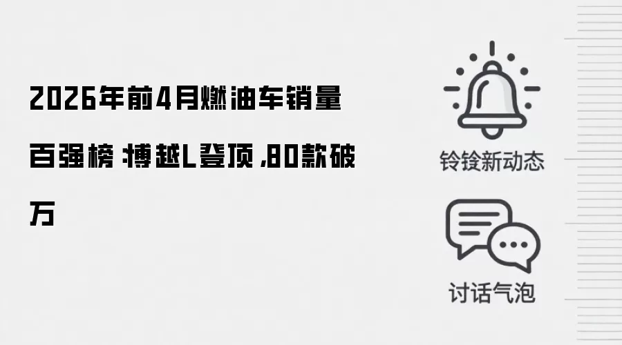 2026年前4月燃油车销量百强榜：博越L登顶，80款破万