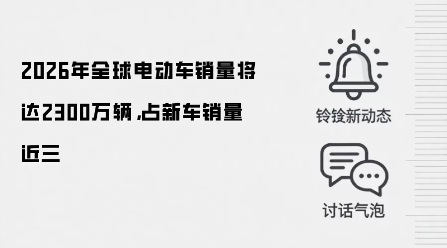 2026年全球电动车销量将达2300万辆，占新车销量近三