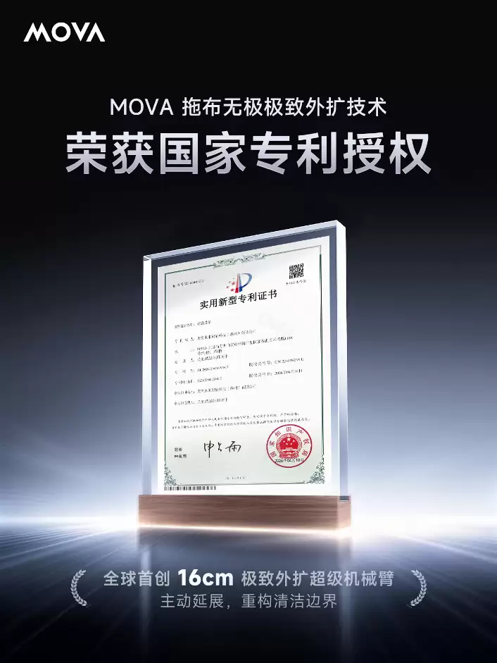 MOVA全球首创技术获批国家专利！16cm极致外扩超级机械臂重构清洁边界