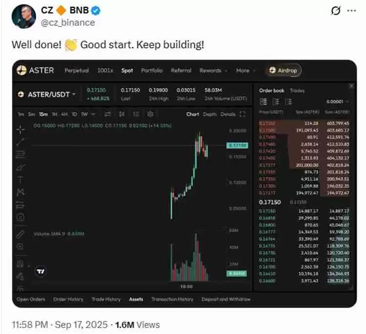 币安（BINANCE）创始人推广Hyperliquid竞争对手Aster，HYPE创历史新高
