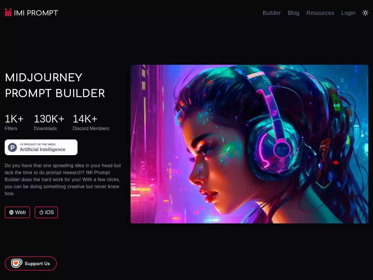 IMI Prompt Builder界面展示，一个全面的Midjourney v5提示生成工具