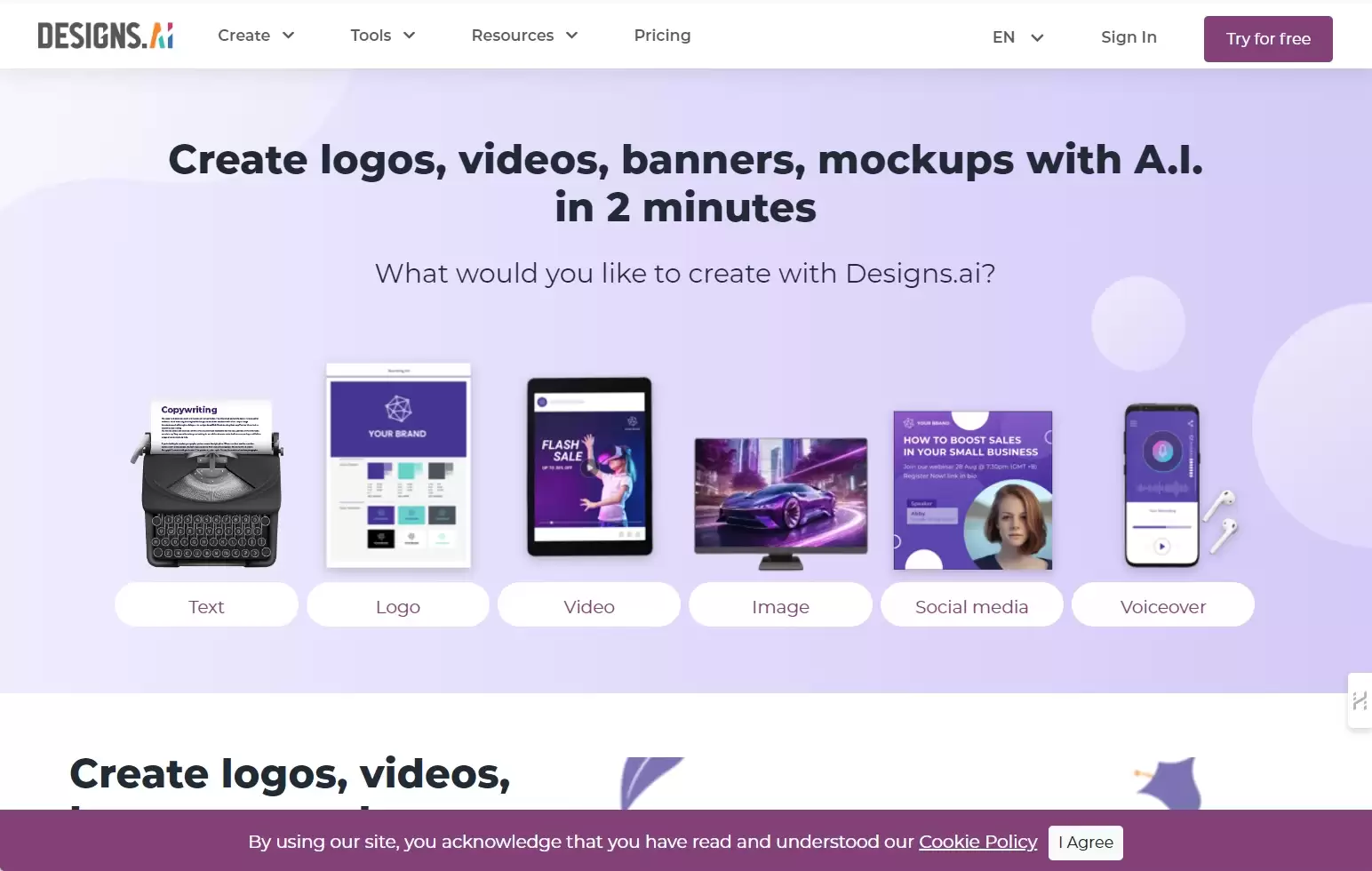 Designs AI-Designs.ai 是一个使用人工智能 （AI） 帮助您在几分钟内创建logo、视频、横幅、模型等设计的在线平台